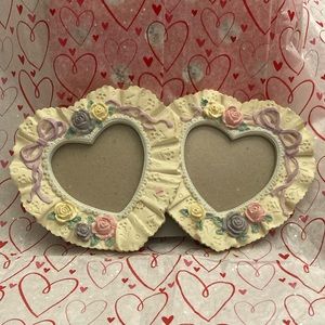 Dual Ivory Heart 3D Clay-Illusion Frame with Pastel Flowers&Lavender Bow Accents